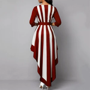 Hot apparel dress Women Stylish V Neck 3/4 Sleeve Vertical Stripes Irregular Hem Belt Long Party Dress