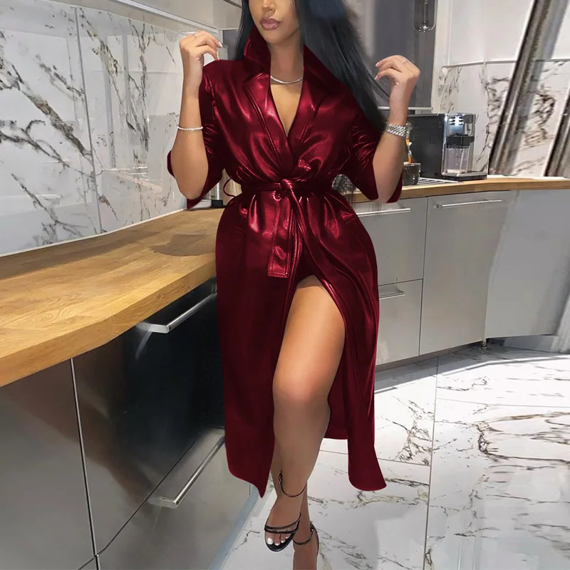 

Black PU Leather Long Jacket 2020 New Autumn Women Loose Belt PU Leather Windbreaker Trench Coat Jacket