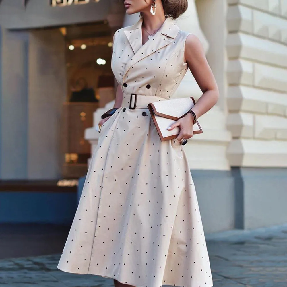 

Western Style 2021 Autumn Winter New Solid Color Dots Women Dress Fashion Temperament Commute Double Breasted Sleeveless