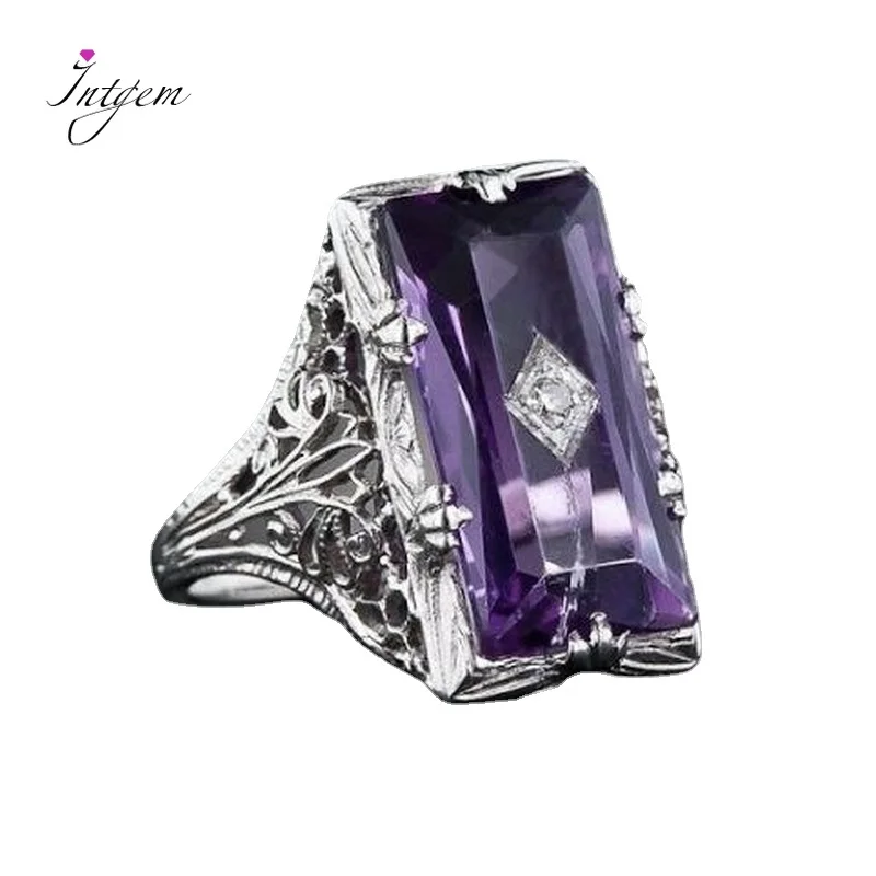 

925 Silver Ring Chamfer Rectangular Amethyst Princess Gemstone Ring Hollow Flower Female Ring Jewelry Gifts For Women Wholesale