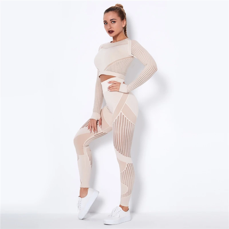 

Women Gym Sports Sets Seamless Hollow Out Clothes Push Up Fitness Suit Sports Crop Tops + High Waist Leggings 2Pieces Women Sets