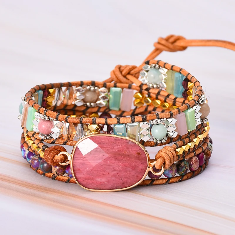 Leder Wrap Armband W/Steine Multi Farbe Natürliche Perlen Kristall Weben Erklärung Art Armband Geschenke