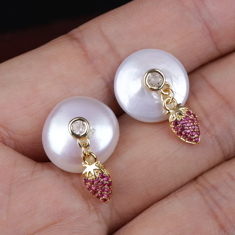 

fuchsia purple red cz micro pave tiny gold strawberry charms natural coin freshwater pearl bead charm stud earring for women