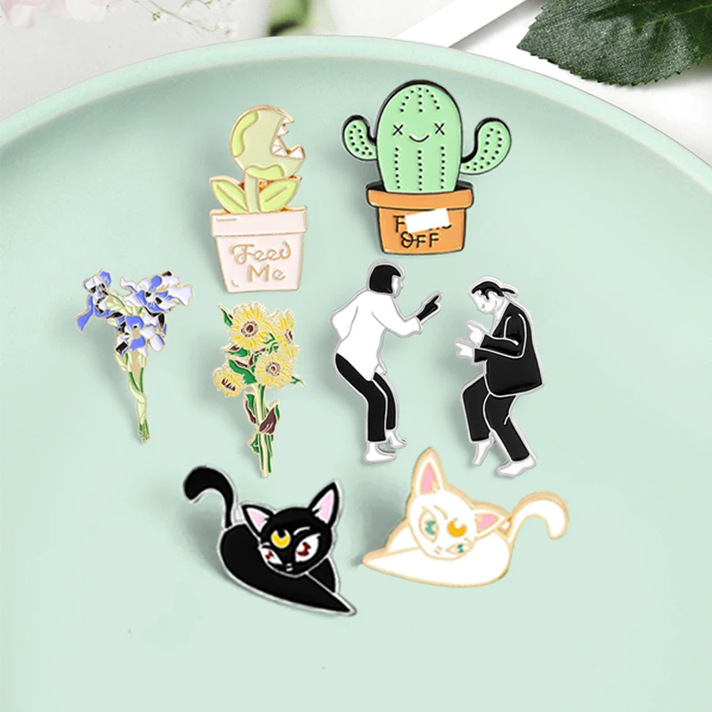 Шпильки с эмалевым покрытием Chomper Rafflesia Cactus Sunflowers Iris в черно-белом исполнении с изображением луны, кота из фильма Pulp Fiction - броши-значки на прищепке в подарок.