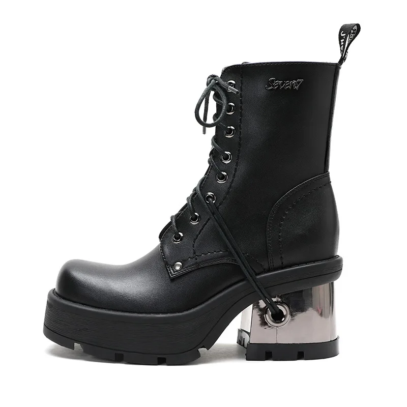 

thick soled thick heeled boots Dark motorcycle short boots minority metal high heel lace up women's boots