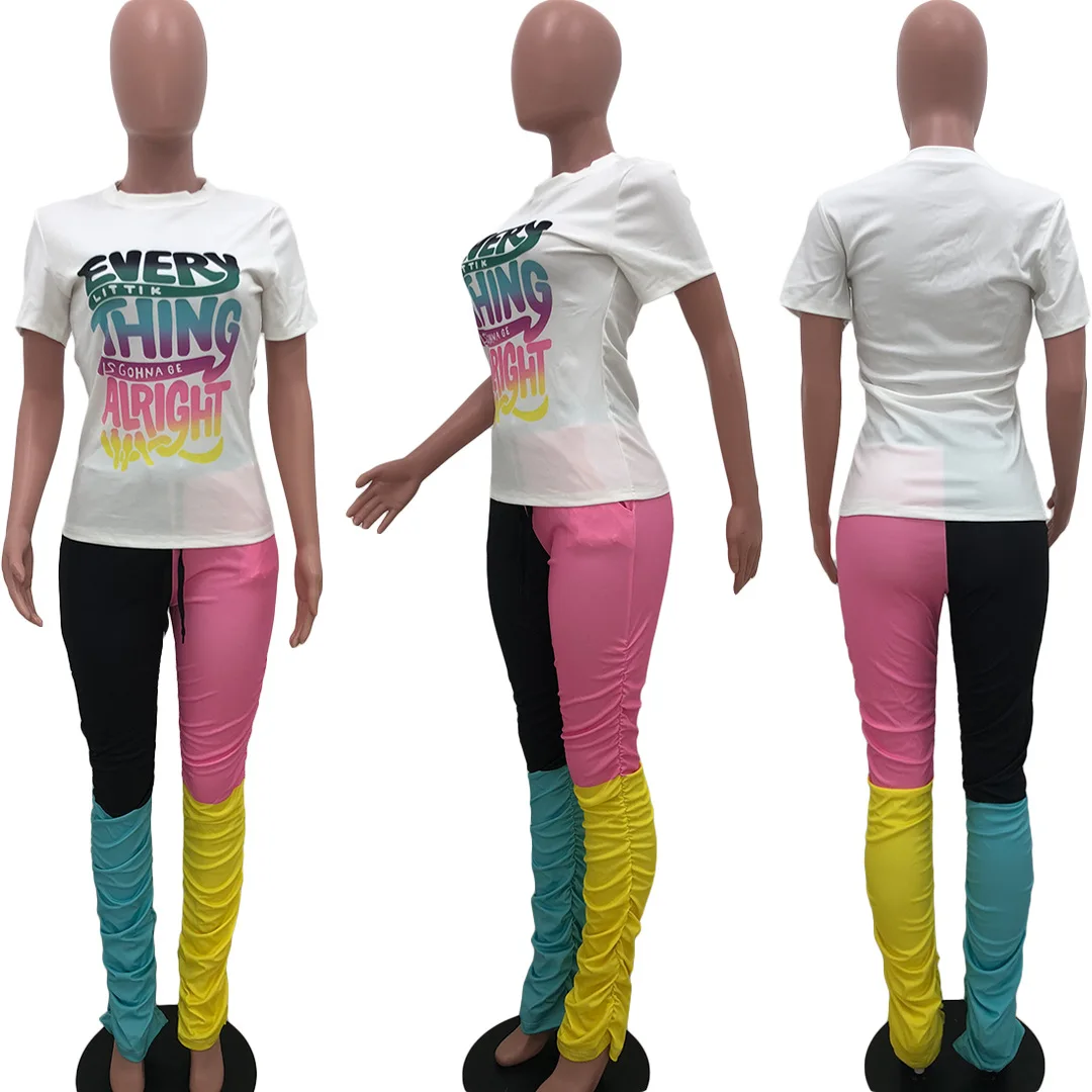 

Stracked Pants Matching Set Women Letter Print Tee Bell Bottom Jogger Sweatpant Suit Two Piece Set Sport Stacked Leggings Outfit