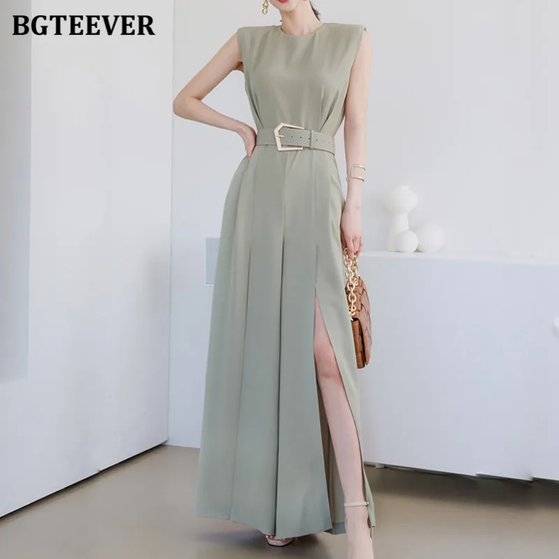 

BGTEEVER Summer Solid Ladies Playsuits O-neck Sleeveless Women Jumpsuits 2021 Elegant Sashes Split Wide Leg Trousers Female