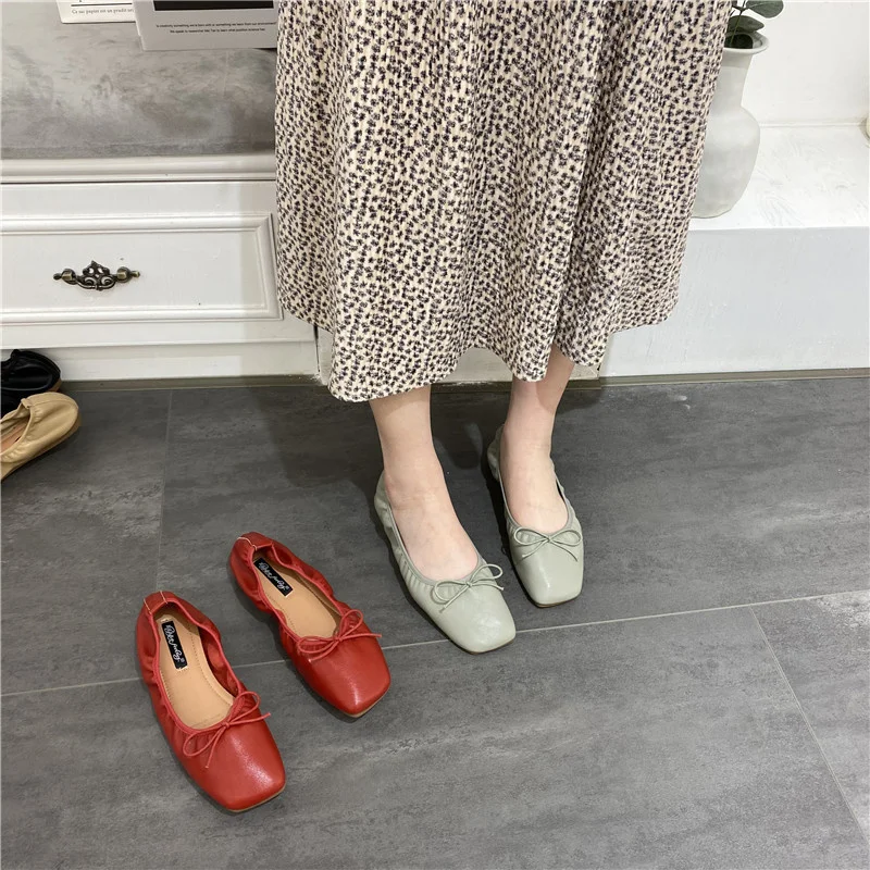 

Women Bow-knot Grandma Shoes Ballerina Shallow Loafers Elastic Pleated Ballet Flats Woman Square Toe Soft Botton Moccasins Femme