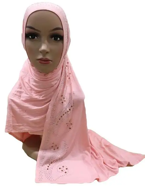 Хлопок мусульманские женщины молитва длинный шарф горный хрусталь сплошной цвет