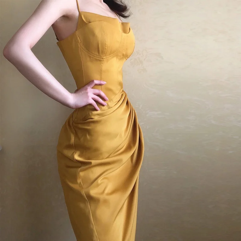 

2021 Summer Women Slip New French Special Light Luxury Long Dress Ladies Fashion A-line V-neck Mid-calf Spaghetti Strap Dress