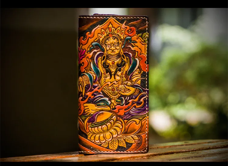 Handmade Wallets Carving the god of wealth Purses Men Long Clutch Vegetable Tanned Leather Wallet Card Holder