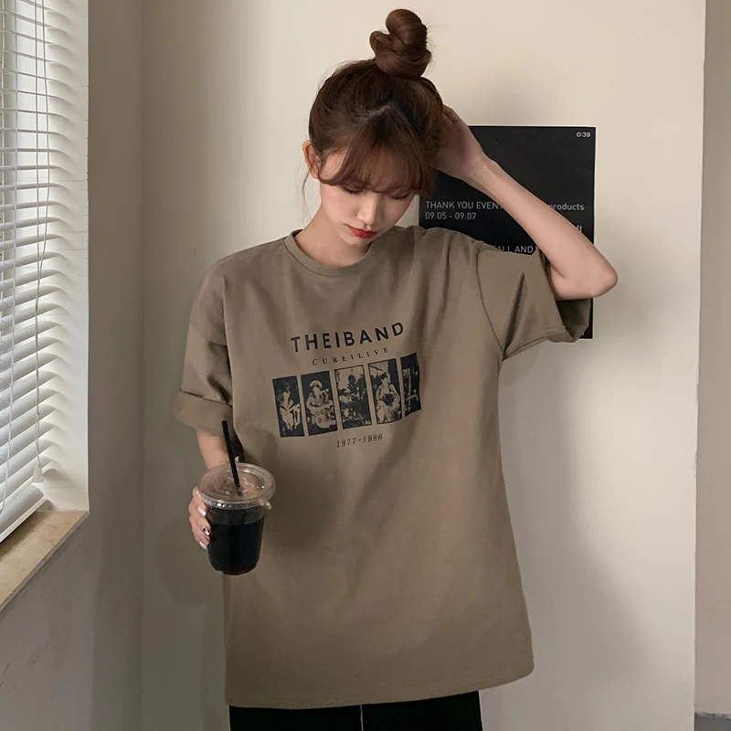 

Retro T Shirts for Women Summer 2021 New Fashionable Occident Casual Style Tops Half Sleeve Letter Printing O-Neck Loose Tees