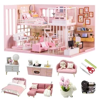 diy miniature dollhouse kit pink wooden house modern style model building christmas gift toys for children doll house furniture