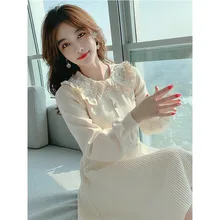 Robe en laine tricotée avec perles pour femmes, tenue à manches longues et à revers, coupe ajustée au genou, nouvelle collection automne et hiver 2021  (2)