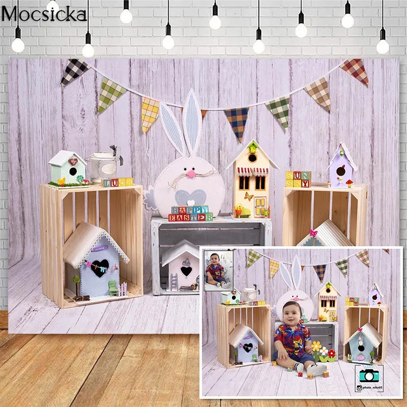 

Mocsicka Spring Easter Eggs Photography Backdrops Flowers Bunny Toy Decor Children Birthday Photo Props Studio Booth Background