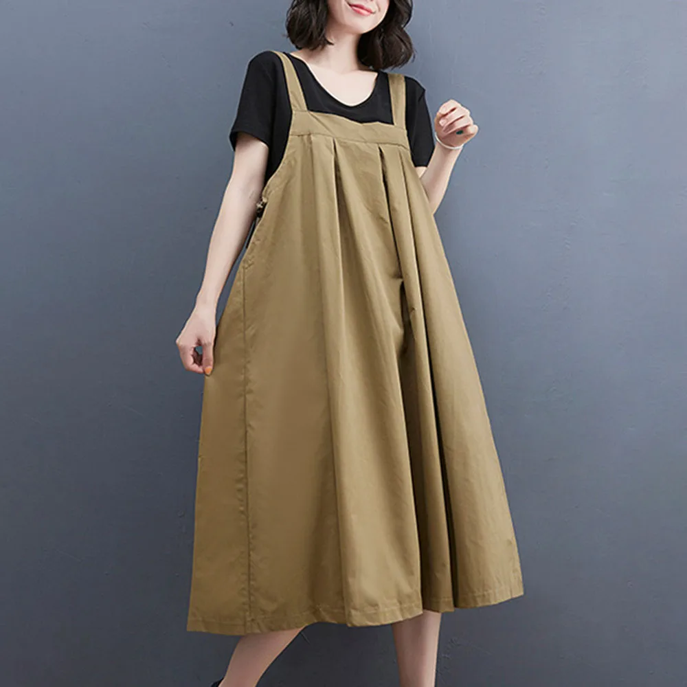

Summer 2021 Retro Folds Solid Color Women's Dress Japanese Style Korean Fashion Simplicity Loose Casual Strap Dress