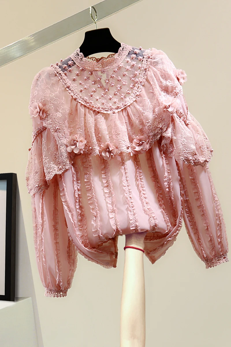 

Lace Embroidered Striped Shirt for Women 2020 Spring Beads Three-Dimensional Flower Chiffon Shirts Fashion Ruffles Blouse Blusas