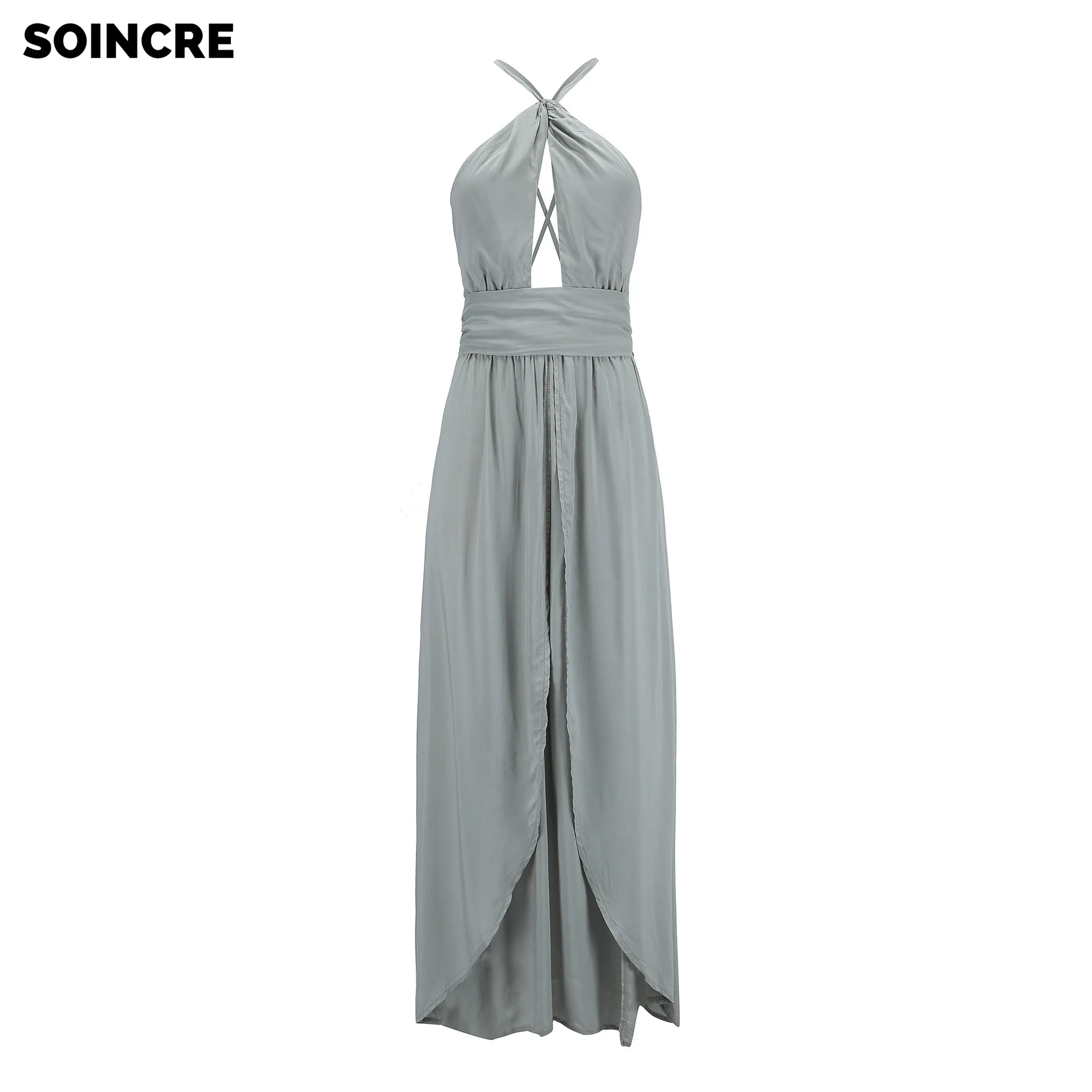 

SOINCRE 2021 Summer New Hot Women's Dress solid color Irregular Hollow Open Back Halter Neck Lace Split Sexy Elegant Party Dress