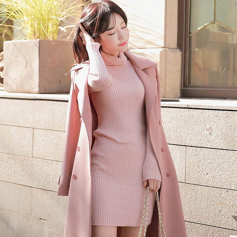 

2020 Winter Solid High Neck Mini Bodycon Vestidos Women Sexy Brief Sweater Knitted Dress
