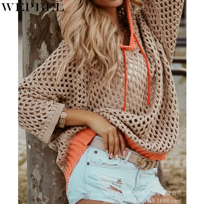 

WEPBEL Sweater Women's Casual Solid Color Stitching Hollow Out Sweater Autumn Long Sleeve V-neck Hooded Loose Pullover Sweater