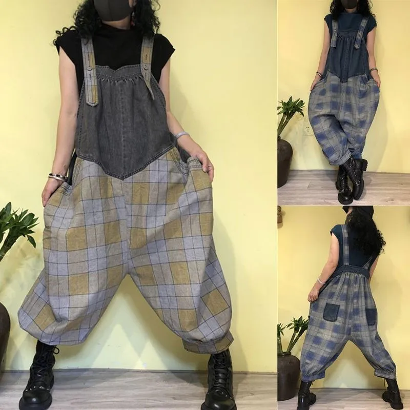 

Spring Autumn New Arts Style Big Size Women Jumpsuits Plaid Patchwork Denim Vintage braces Jumpsuit Femme Loose pants M598