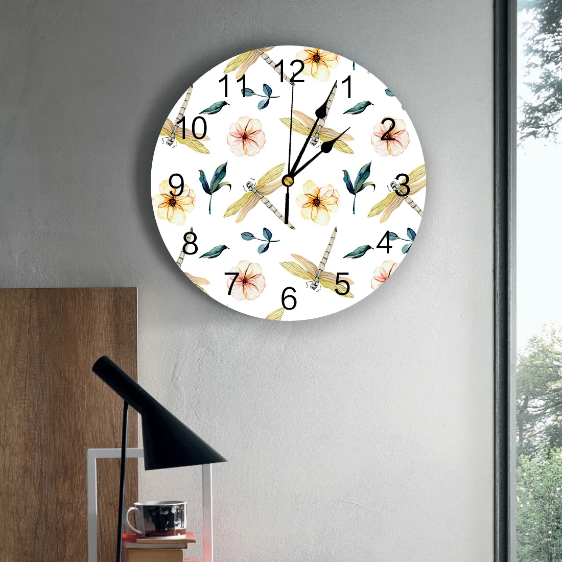 Flowers Green Leaves Dragonfly Stylish Print Round Wall Clock Operated Quartz Quiet Desk for Home Office School Decoration | Дом и сад