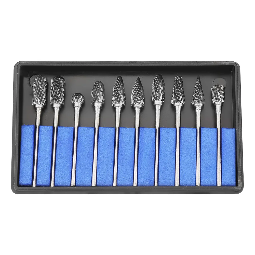 

10pcs Tungsten Carbide Steel Burrs Rotary Files Metalworking Carving Tool Set 2.35X6mm Cutting Head Diameter Tool