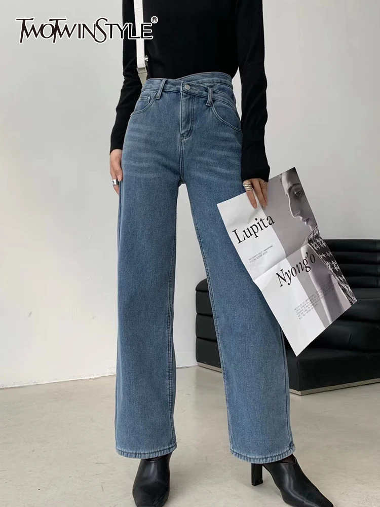 

TWOTWINSTYLE Casual Wide Leg Pants For Women High Waist Solid Minimalist Thick Jeans Female Korean Fashion Autumn Clothing 2021