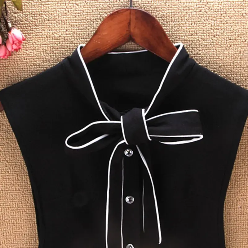 

Female White Edge Ribbon Bow Tie Fake Collar Button Down Detachable Half-Shirt