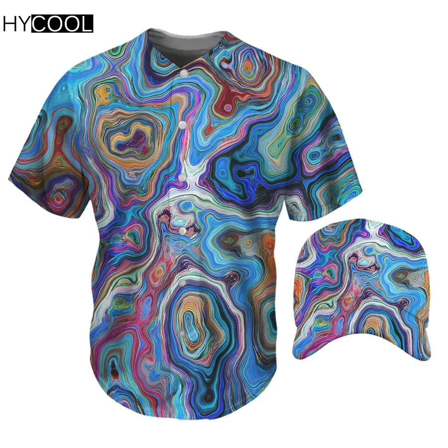 

HYCOOL Fashion Short Sleeves Baseball Jersey Art Psychedelic For Men Abstract Pattern Print 2pcs Set Hip Hop Breathable Shirts