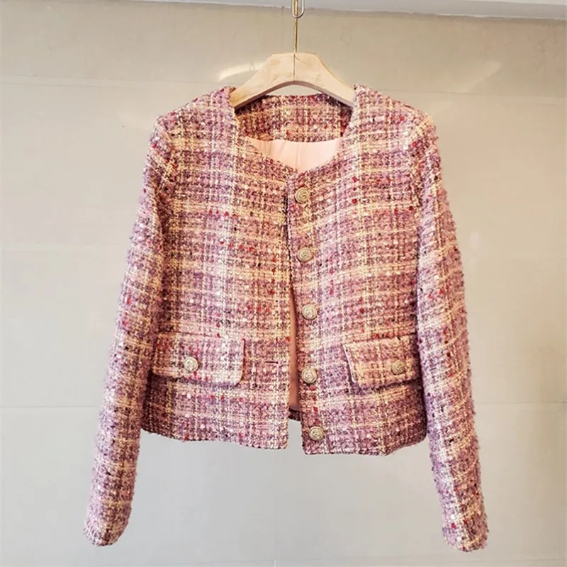 

Runway High Quality Autumn Plaid Luxury Round Neck Tweed Small Fragrance Coat Weave Women Single-Breasted Jackets Female