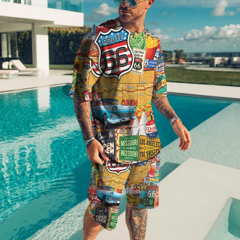 

New European American Summer Route 66 Short-Sleeved Men's Tracksuit T-Shirt+Short Road Letter Printing Retro Rrend Suits