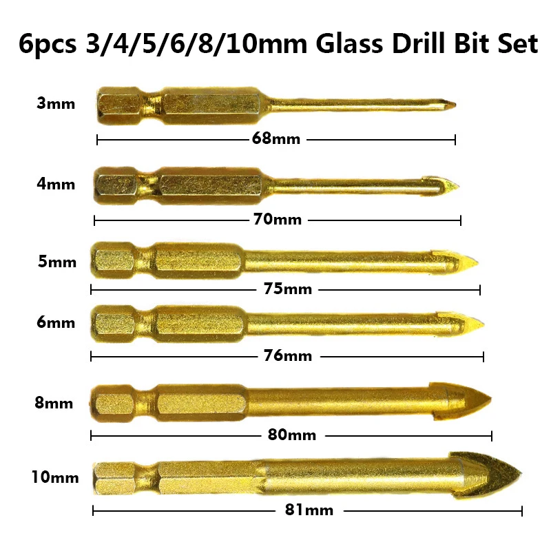 6pcs 3 4 5 6 8 10mm 1/" набор сверл с шестигранным хвостовиком из карбида вольфрама для стекла 3-12 мм с титановым покрытием для керамической плитки - Цвет: 6pcs 3 4 5 6 8 10mm