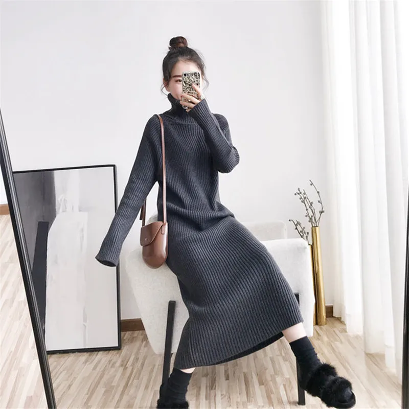 

All-match Knee-length Sweater Dress Female Autumn Winter Korean Turtleneck Thick Knitted Bottoming Sweater Long Dresses LR1972