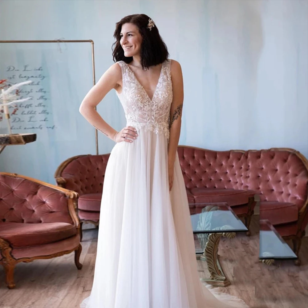 

Simple Deep V-Neck Wedding Dress 2021 Lace Applique Backless A-Line Sleeveless Elegant Bridal Gowns For Women Robe De Mariée New