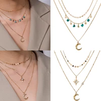 gothic 3 layer fashion alloy necklace women bohemian style turquoise pendant clavicle chain creative metal star moon jewelry
