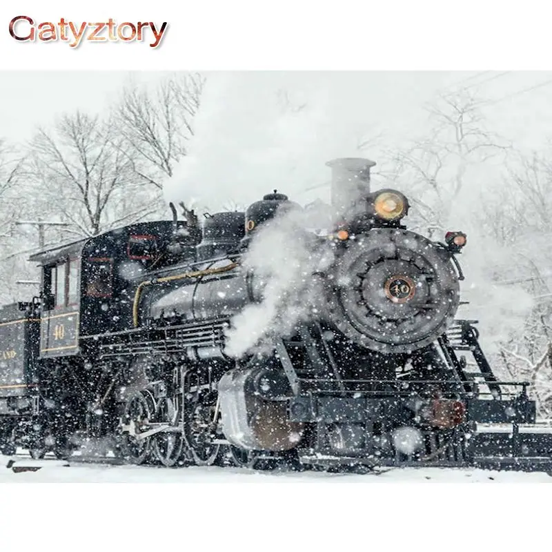 

GATYZTORY 60x75cm Frame Painting By Numbers Kits For Adults ChildrenSnow Train Scenery Diy Oil Picture Home Decoration Acrylic P
