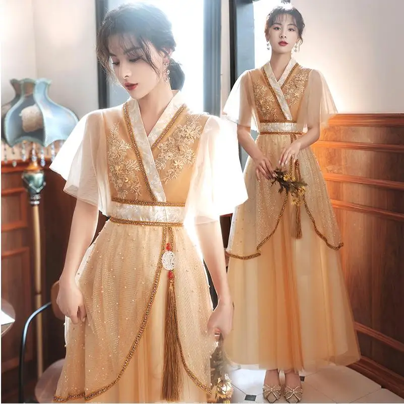 Chinese Women Elegant costume Retro Hanfu style Asian ethnic Clothes V-neck summer dress party cosplay long gown