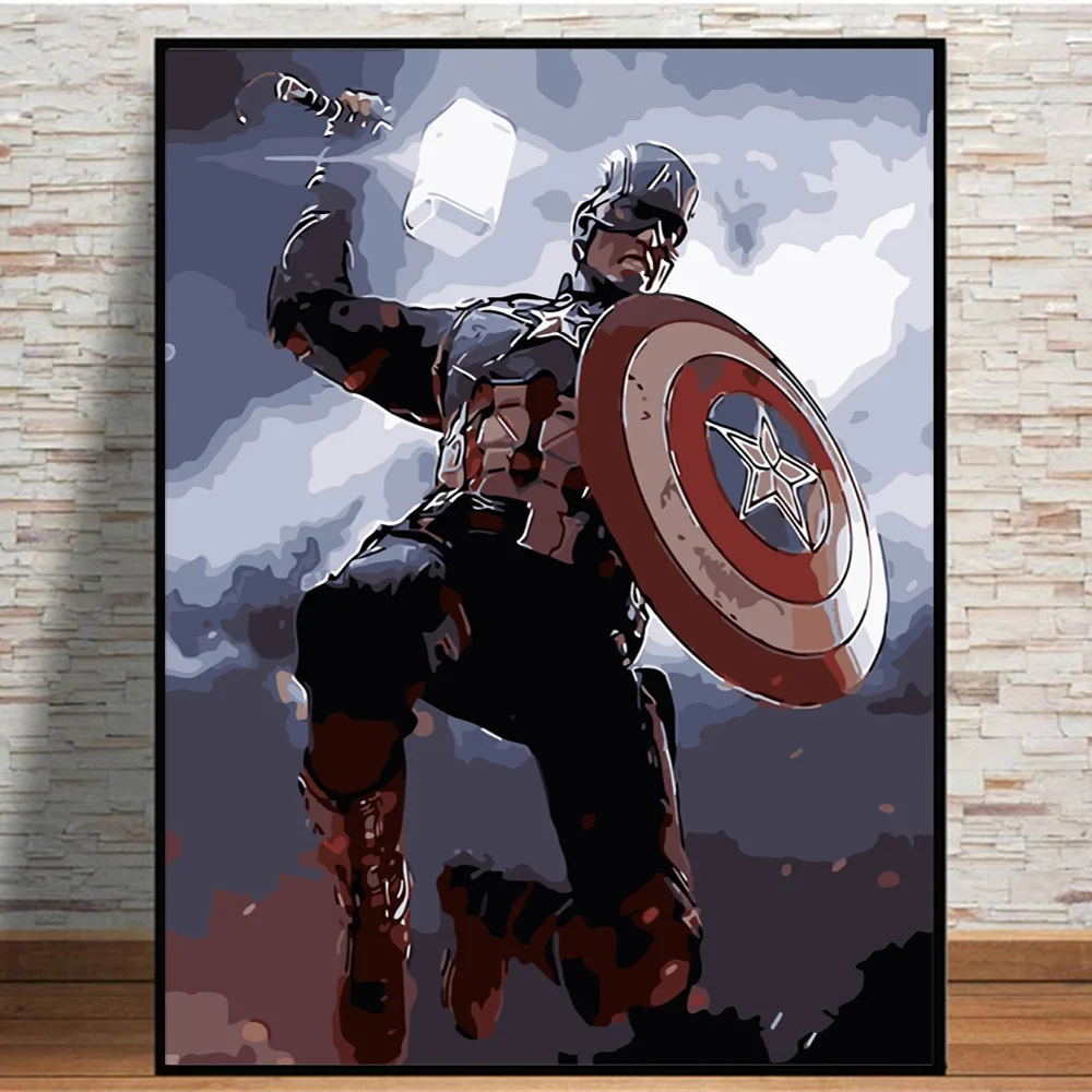 

Marvel Superhero Captain America With Mjolnir Hammer DIY Handmade Oil Painting By Numbers On Canvas Wall Art Poster Picture