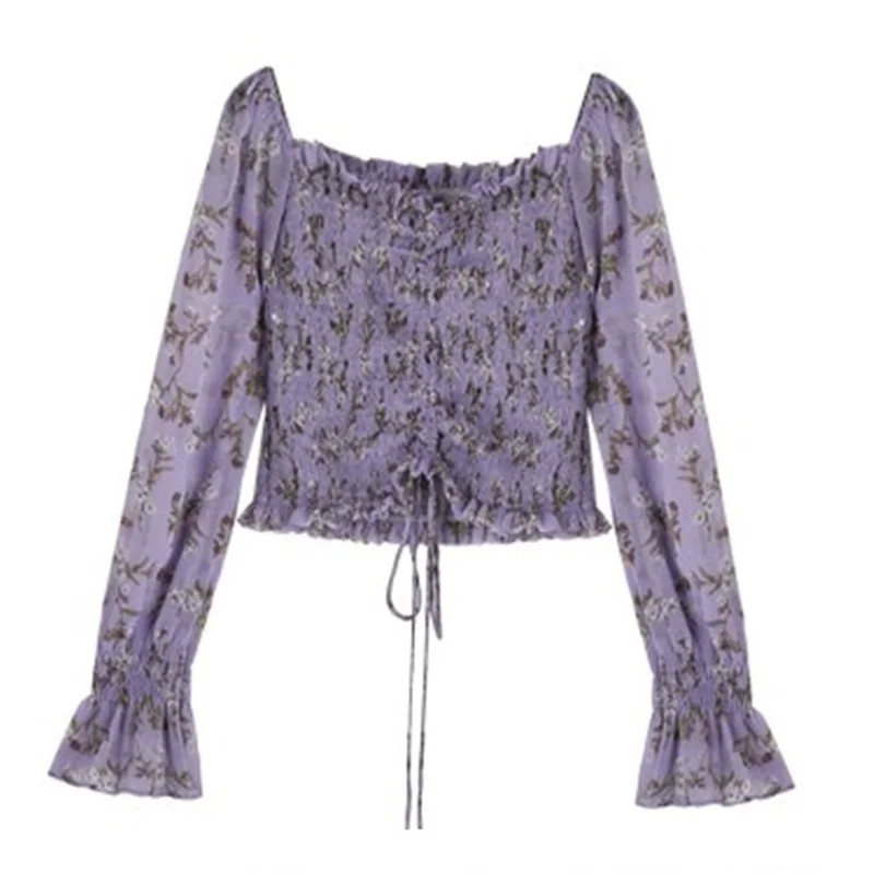 

One-shoulder Floral Blouse Women 2021 Bubble Long-sleeved Sweet Style Blouse Women Summer New Pattern Blouse Aesthetic Clothes