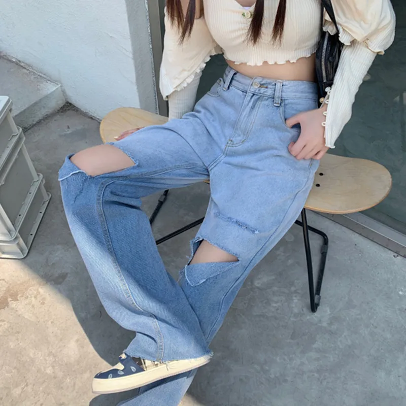 

Woman Jeans Ripped High Waist Clothes Wide Leg Denim Clothing Streetwear Vintage Quality 2021 Fashion Harajuku Straight Pants