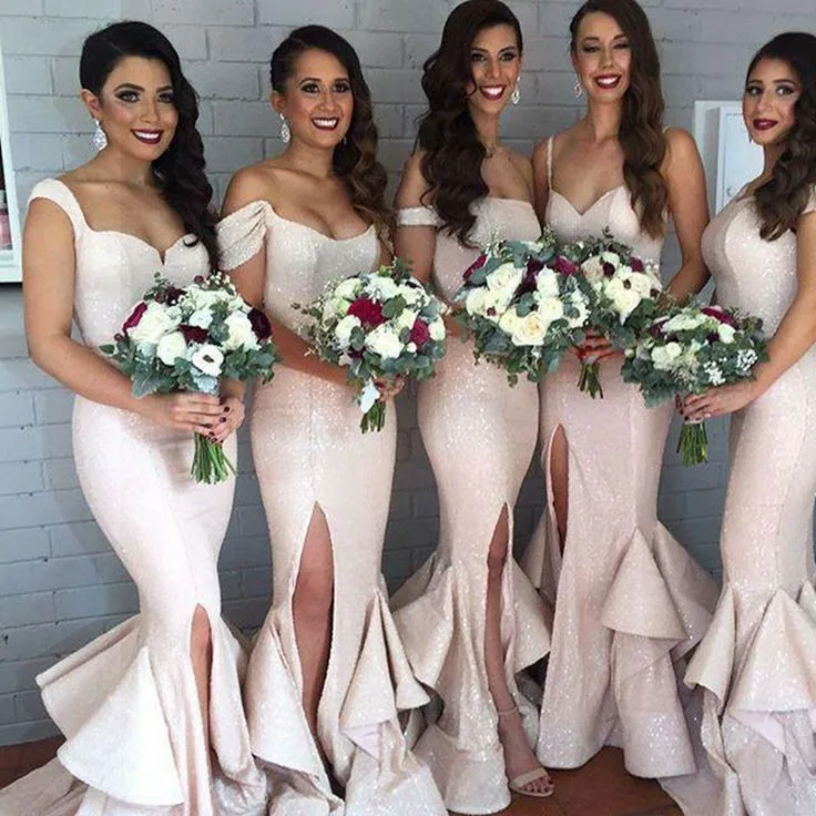 

Vintage Multi Style Sequined Long Bridesmaid Dresses with Slit Floor Length Mermaid Pleated Robes de Soirée for Women