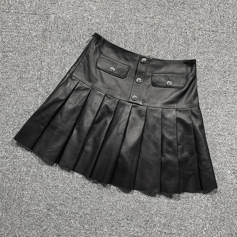 

Real Genuine Leather Skirt High Waisted Women Korean Bodycon Office Lady Party Sexy Sheepskin Clothes Black Mini Pleated Skirts