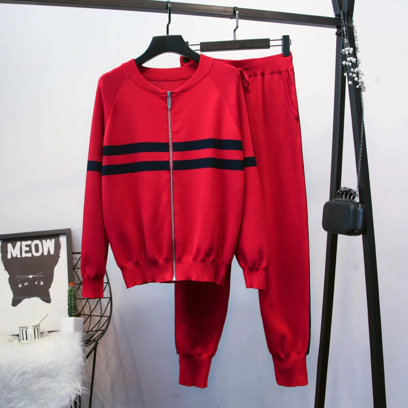 Amolapha Women Knitted Zipper Sweater Cardigans+Pants Clothing Set Autumn Winter Knitting Tracksuits