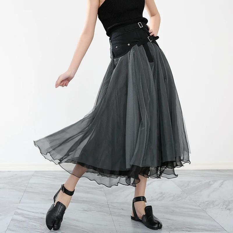 

[EAM] vintage Elegant Denim Spliced Mesh Dark Gray High Waist Half-body Skirt Women Fashion Tide New Spring Autumn 2021 1DD4449