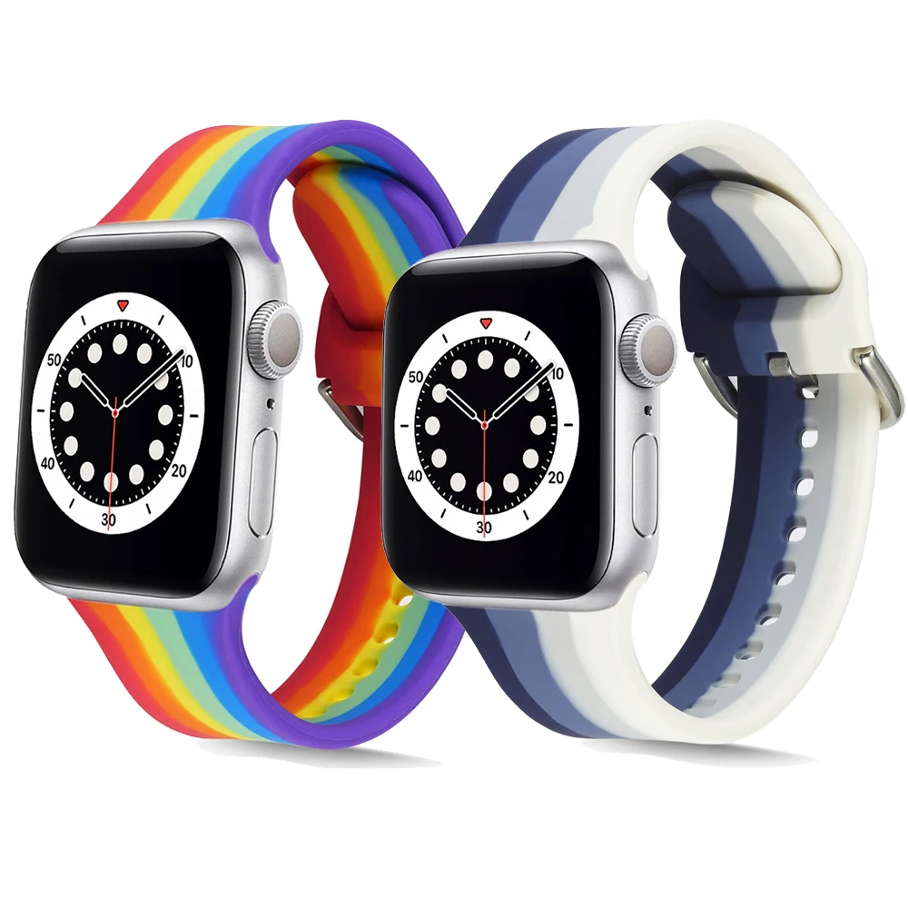 

For Apple Watch Series SE 6 5 4 3 2 Wrist Strap Rubber Watchband for Iwatch 40/44/38/42mm Rainbow Silicone Sports Watch Band