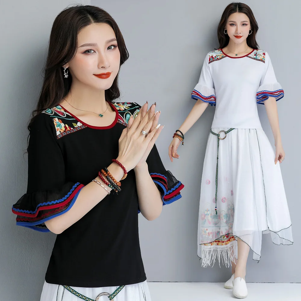 Женская блузка для девочек Весенняя Этническая с расклешенными рукавами и