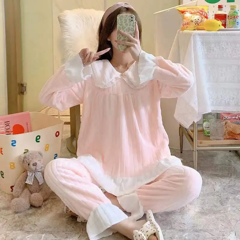 Pajama Set Women Winter Coral Fleece Flannel Sleepwear Flannel Warm 2 Piece /Set Long Sleeve Trousers Loungewear Pijama Homewea