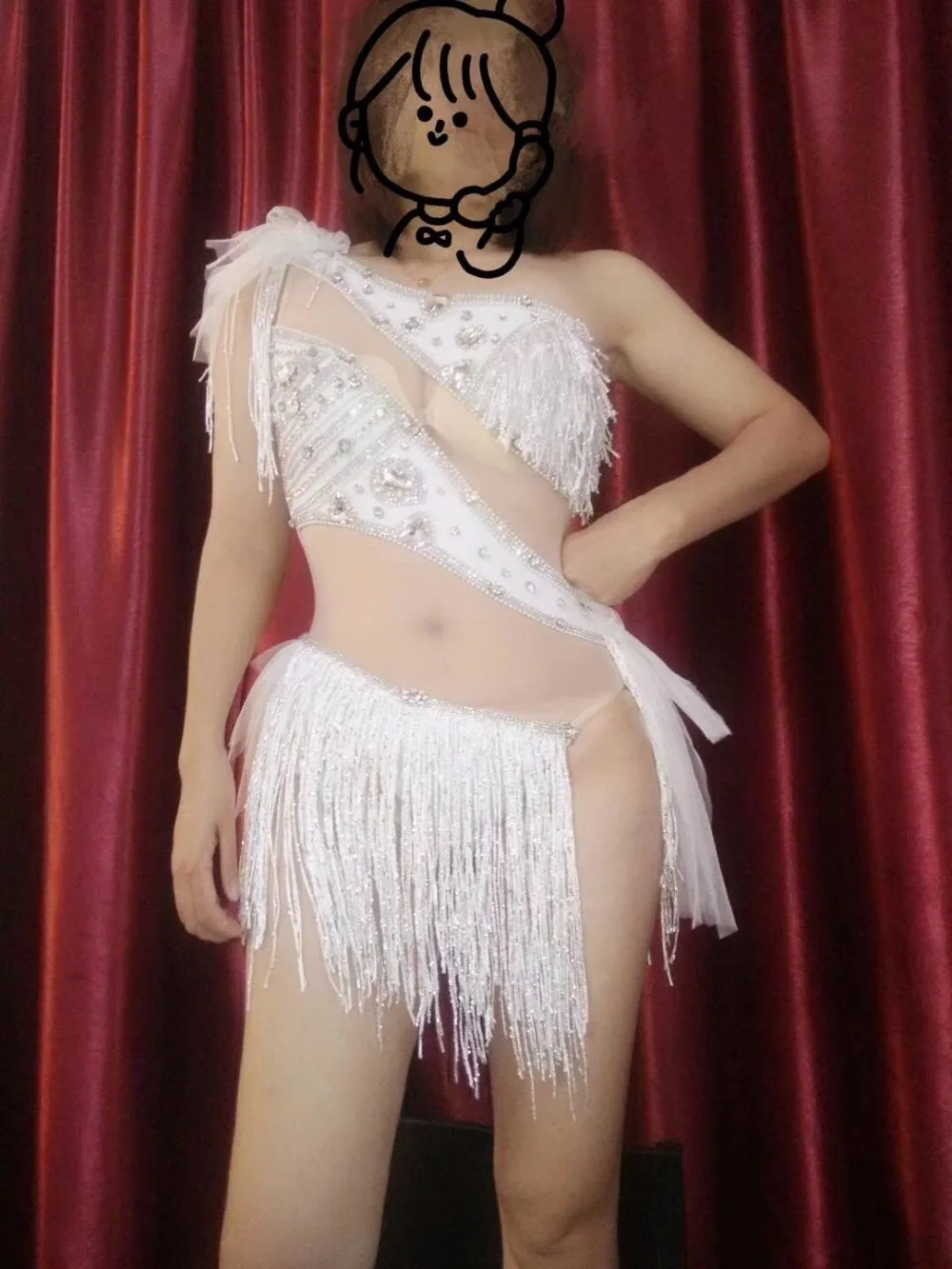 Модный сексуальный прозрачный белый боди со стразами и кисточками женский день