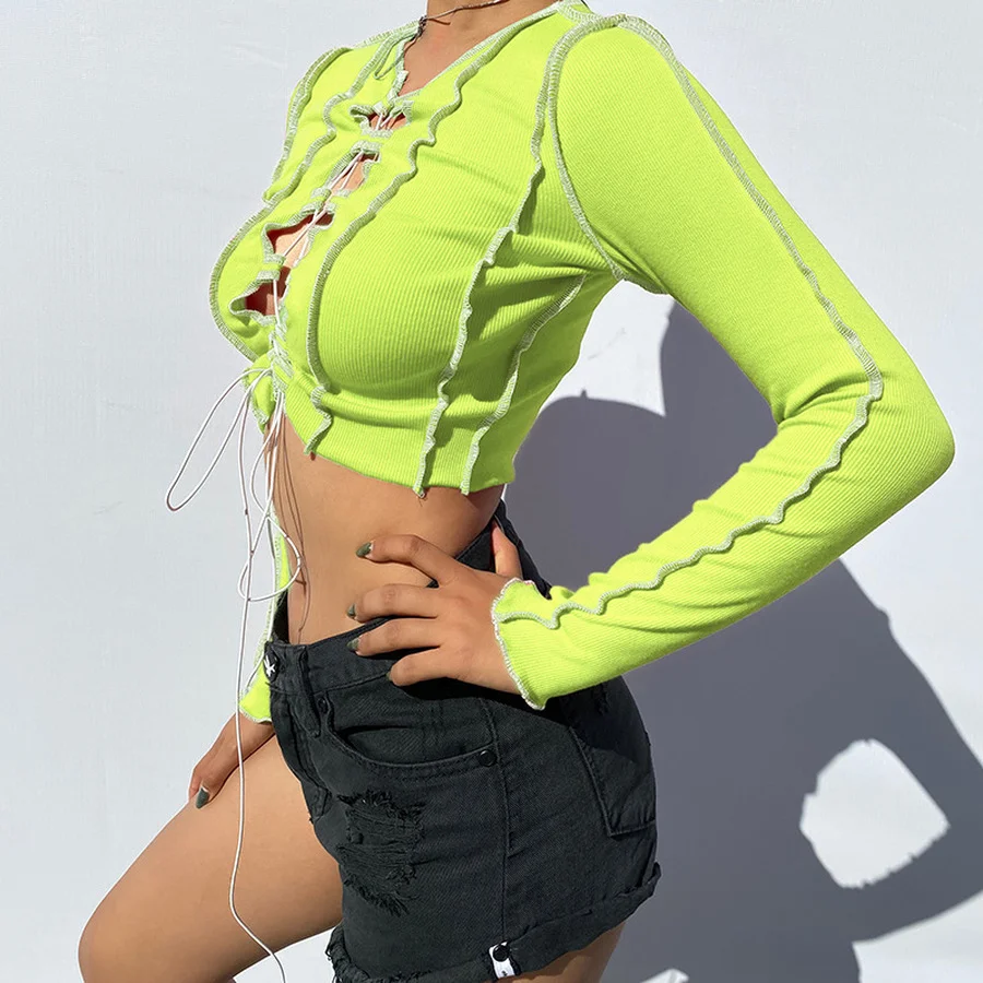

Y2K Hollow Out Lace Up Bodycon T Shirt Women Crop Top Female T-Shirt Ribbed Sexy Party Clubwear Slim Candy Color T Shirts Women